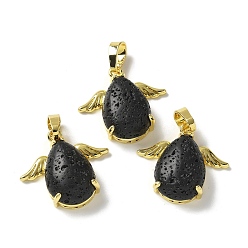 Лавовый камень Подвески из натуральной лавы, подвески-слезинки с золотистыми латунными крыльями, стойки покрытие, без кадмия и без свинца, 22.5x24.5x9 мм, отверстие : 7.5x4.5 мм