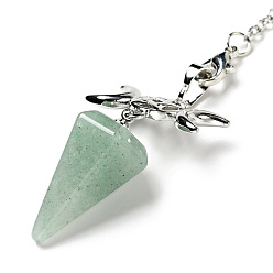 Green Aventurine Gemstone Hexagonal Pointed Dowsing Pendulums, with Platinum Tone Brass Findings and Chains, Cadmium Free & Lead Free, Cone with Triple Moon, 230~250mm, pendant: 50~54x26x15~16.5mm, Hole: 1.8x2.2mm
