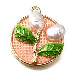 Легкий Лосось Подвески из эмали и сплава, с ABS имитации жемчуга, плоская круглая с подвеской в виде цветка, стойки покрытие, долговечный, без свинца, без кадмии и без никеля, золотые, светлый померанцевый, 24x21x5.5 мм, отверстие : 1.8 мм