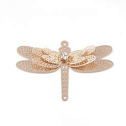 Light Gold Brass Filigree Joiners Links, with Crystal Rhinestone, Dragonfly, Light Gold, 34x51x6mm, Hole: 1.2~1.5mm