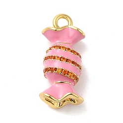 Pink Rack Plating Brass Cubic Zirconia with Enaml Pendants, Lead Free & Cadmium Free, Long-Lasting Plated, Real 18K Gold Plated, Candy, Pink, 17x8x6.5mm, Hole: 1.8mm