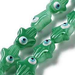 Морско-зеленый Непрозрачные цветные стеклянные бусины, с эмалью, Хамса руку с дурным глазом, цвета морской волны, 14x10x8 мм, отверстие : 1 мм, около 28 шт / нитка, 15.35'' (39 см)