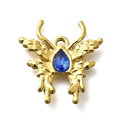 Капри Синий 304 подвески из нержавеющей стали, со стразами, реальный 18 k позолоченный, ионное покрытие (ip), бабочка, Капри синий, 24x23x4 мм, отверстие : 2 мм