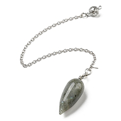 Лабрадорита Подвеска-пуля из натурального лабрадорита, Покрытие стойки платинового тона, латунные подвески-маятники для лозоходства, 212~220 мм, отверстие : 2 мм