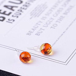 Orange Red Resin Round Ball Stud Earrings with Sterling Silver Pins for Women, Orange Red, 7~8mm