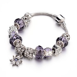 Lilac Fashion Brass European Bracelets, with Glass Beads and Alloy Rhinestone Beads, Lilac, 190x3mm