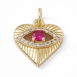 Deep Pink Rack Plating Brass Cubic Zirconia Pendants, Heart with Eye Charm, with Jump Ring, Long-Lasting Plated, Golden, Lead Free & Cadmium Free, Deep Pink, 18x16.5x6mm, Hole: 4mm
