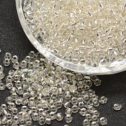Clear 12/0 Transparent Glass Round Seed Beads, Grade A, Silver Lined, Clear, 1.8~2.0mm, Hole: 0.8mm, about 28000pcs/pound