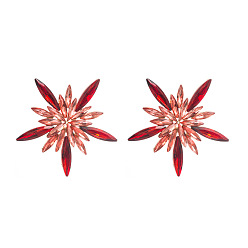 Red Sparkling Floral Alloy Earrings with Colorful Gems - Fashionable and Bold Ear Accessories for Street Style Chic