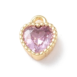 Lilac Brass Charms, with Glass, Heart Charm, Real 18K Gold Plated, Lilac, 8x6x3mm, Hole: 1mm