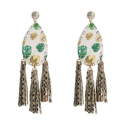 white Bohemian Style Double-Sided Printed Fringe Turtle Leaf Earrings with Water Diamond Leather Jewelry