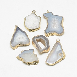 Dark Gray Natural Druzy Agate Pendants, with Golden Tone Iron Findings, Dyed, Nuggets, Dark Gray, 20~60x13~50x4~8mm, Hole: 1~4mm