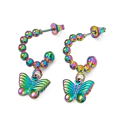 Rainbow Color 304 Stainless Steel Ring with Butterfly Dangle Stud Earrings, Half Hoop Earrings for Women, Rainbow Color, 26mm, Pin: 0.7mm