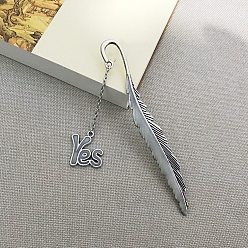 Word Glow in The Dark Bookmark, Luminous Alloy Feather Shape Bookmark, Word Yes Pendant Bookmark, Antique Silver, Word, 115mm