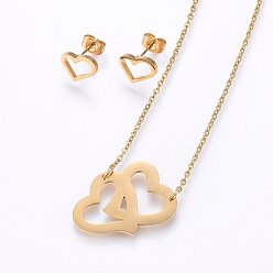 Golden 304 Stainless Steel Jewelry Sets, Stud Earrings and Pendant Necklaces, Heart, Golden, Necklace: 18.9 inch(48cm), Stud Earrings: 8x10x1.2mm, Pin: 0.8mm
