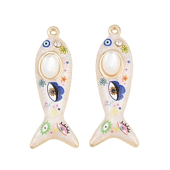 Golden Printed Alloy Enamel Pendants, Fish with Evil Eye Pattern Charms, with Rhinestone and Resin Imitation Cat Eye, Cadmium Free & Nickel Free & Lead Free, Rack Plating, Golden, 43.5x16.5x6.5mm, Hole: 1.6mm