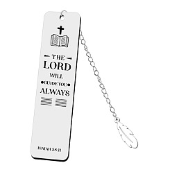 Cross Rectangle with Quote The Lord Will Guide You Always Bookmark, Stainless Steel Bookmark, Feather Pendant Bookmark with Long Chain, Cross Pattern, 120x30mm