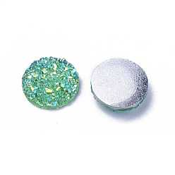 Sea Green Resin Cabochons, Imitation Druzy Agate, Flat Round, AB Color Plated, Sea Green, 12x3mm