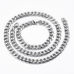 Stainless Steel Color 304 Stainless Steel Chain Necklaces and Bracelets Jewelry Sets, with Lobster Claw Clasps, Stainless Steel Color, 23.62 inch(60cm), 220mm