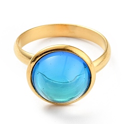Темно-Голубой K9 стеклянное плоское круглое кольцо на палец, ионное покрытие (ip) 304 ювелирные изделия из нержавеющей стали для женщин, золотые, глубокое синее небо, размер США 7 3/4 (17.9 мм), кольцо поверхность: 14x7mm