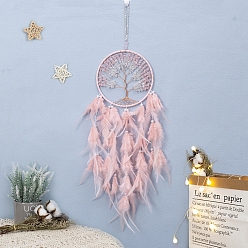 Rose Quartz Iron & Natural Rose Quartz Woven Web/Net with Feather Pendant Decorations, Flat Round with Tree of Life, Packaging: 320x180mm