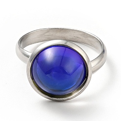 Синий K9 стеклянное плоское круглое кольцо на палец, 304 женские украшения из нержавеющей стали, цвет нержавеющей стали, синие, размер США 7 3/4 (17.9 мм), кольцо поверхность: 14x7mm