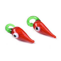 Red Handmade Lampwork Pendants, Hot Pepper with Evil Eye, Red, 27~29x8~10x10~12mm, Hole: 3.5~5x4.5~5mm