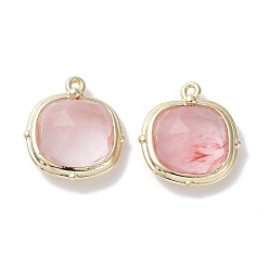 Вишневый Кварц Вишневое из кварцевого стекла подвески, граненые квадратные подвески, с позолоченными латунными петлями по краям, 16x14x5 мм, отверстие : 2 мм