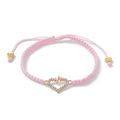 Pink Alloy Rhinestone Heart Link Bracelet, Nylon Thread Braided Adjustable Bracelet, Pink, Inner Diameter: 2~3-1/4 inch(5.2~8.3cm)