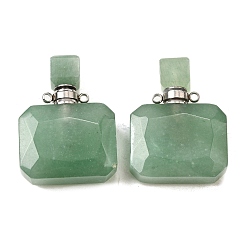Зеленый Авантюрин Подвески для флаконов с натуральным зеленым авантюрином, с 304 фурнитурой из нержавеющей стали, граненые, прямоугольник амулеты, цвет нержавеющей стали, 33~34x25x11~12 мм, отверстие : 1.9 мм