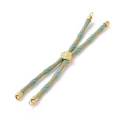 Aqua Nylon Cord Silder Bracelets, for Connector Charm Bracelet Making, with Rack Plating Golden Brass Findings, Long-Lasting Plated, Cadmium Free & Lead Free, Aqua, 8-5/8~9-1/8x1/8 inch(22~23x0.3cm), Hole: 2mm