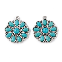 Antique Silver Synthetic Turquoise Pendants, with Alloy Findings, Flower Charms, Antique Silver, 28x25x4.5mm, Hole: 2mm