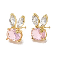 Pink Rack Plating Real 18K Gold Plated Brass Rabbit Stud Earrings, with Glass, Long-Lasting Plated, Lead Free & Cadmium Free, Pink, 17x10mm
