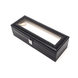 Black Imitation PU Leather Watch Presentation Boxes, with 6 Slots and Lint Pillows, Rectangle, Black, 30x11x8cm
