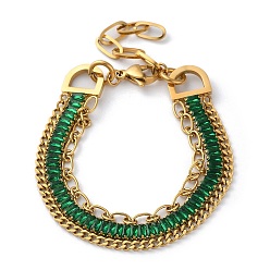 Emerald Golden 304 Stainless Steel Triple Layer Multi-strand Bracelets, Rhinestone Cup Chains Bracelet, Emerald, 6-7/8 inch(17.5cm)