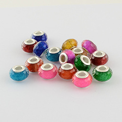 Mixed Color Large Hole Resin European Beads, with Silver Color Plated Brass Double Cores, Faceted Rondelle, Mixed Color, 14x9mm, Hole: 5mm