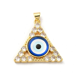 Blue Real 18K Gold Plated Brass Pendants, with Glass and Acrylic, Triangle With Evil Eye Charms, Blue, 27x28x7mm, Hole: 4x3.5mm