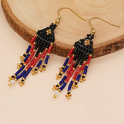 Черный Серьги-кисточки из бисера ручной работы из богемного стекла, золотые, чёрные, 75x20 мм