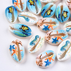 Mixed Color Printed Natural Cowrie Shell Beads, No Hole/Undrilled, with Marine Organism Pattern, Mixed Color, 18~22x13~14x6~8mm