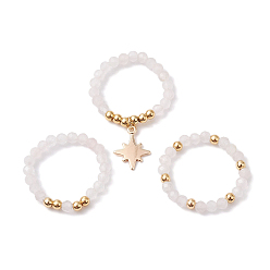 Rose Quartz 3Pcs 3 Styles Natural Rose Quartz Beaded Stretch Rings Set, Stackable Rings with Brass Star Charms, Inner Diameter: 21~22mm, 1Pc/style