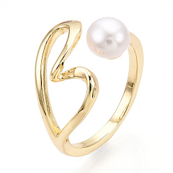Real 18K Gold Plated Brass Hollow Heart Open Cuff Rings with Natural Pearl, Real 18K Gold Plated, Inner Diameter: 17mm