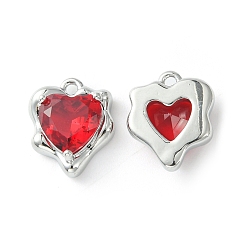 Red Brass Micro Pave Cubic Zirconia Charms, Heart Charm, Real Platinum Plated, Red, 13x11x4.5mm, Hole: 1.2mm