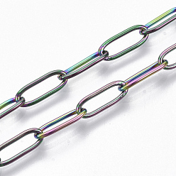 Rainbow Color Ion Plating(IP) 304 Stainless Steel Paperclip Chains, Drawn Elongated Cable Chains, Soldered, Rainbow Color, 12x4x1mm, about 39.37 inch(1m)/strand