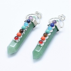 Green Aventurine Chakra Jewelry, Natural Green Aventurine Double Terminated Pointed Pendants, with Natural & Synthetic Mixed Stone Alloy Findings, Bullet, Platinum, 58~61x16.5~18x15.5~16mm, Hole: 4.5x7.5mm