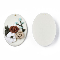 White Handmade Polymer Clay Pendants, Oval with Rose Flower, White, 34.5~36x24.5~25.5x6.5~8mm, Hole: 1.8mm