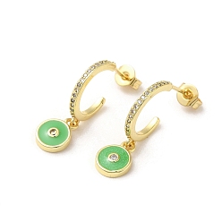 Lime Green Ring & Evil Eye Real 18K Gold Plated Brass Stud Earrings, Half Hoop Earrings with Cubic Zirconia and Enamel, Lime Green, 22.5x7mm
