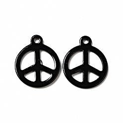 Black Spray Painted 201 Stainless Steel Pendants, Flat Round with Peace Sign Charm, Black, 15x12.5x1mm, Hole: 1.4mm