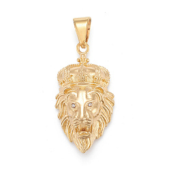 Golden 304 Stainless Steel Pendants, with Crystal Rhinestone, Lion Head with Crown, Golden, 48x25x14mm, Hole: 6x12mm