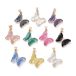 Mixed Color Brass Micro Pave Clear Cubic Zirconia Pendants, with Glass, Butterfly, Golden, Mixed Color, 24x21.5x4mm