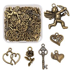 Antique Bronze 60Pcs 6 Style Tibetan Style Alloy Pendants, Heart to Heart & Heart & Heart with Wing & Skeleton Key & Rose Flower & Cupid/Cherub, For Valentine's Day, Antique Bronze, 14~29x10.5~27x2~4mm, Hole: 1.5~2.5mm, 10pcs/style